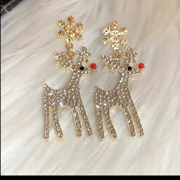🎄 Gold Tone Sparkling Rudolph The Red Nosed Reindeer Earrings - Picture 2 of 13